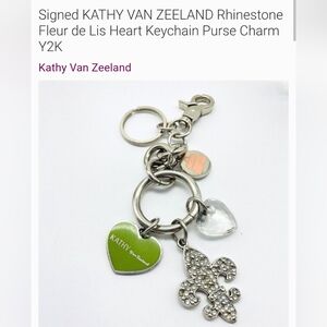 Kathy Van Zeeland Signed Rhinestone Fleur De Lis Heart Keychain Purse Charms Y2k